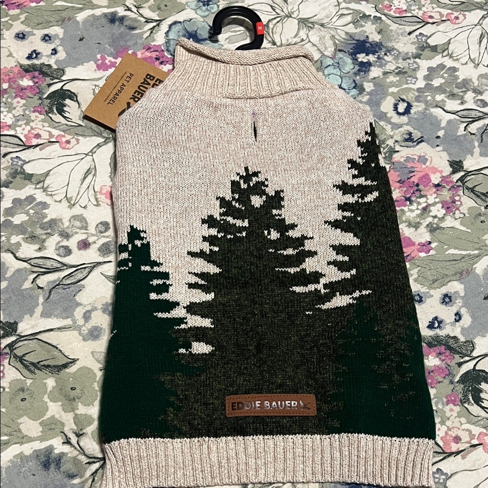 Eddie Bauer Forest Green Tree-Print Dog Sweater Medium NEW